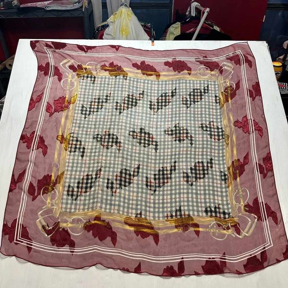 Vintage Burgundy Plaid Equestrian Print Scarf 39” Square Polyester Shawl Wrap